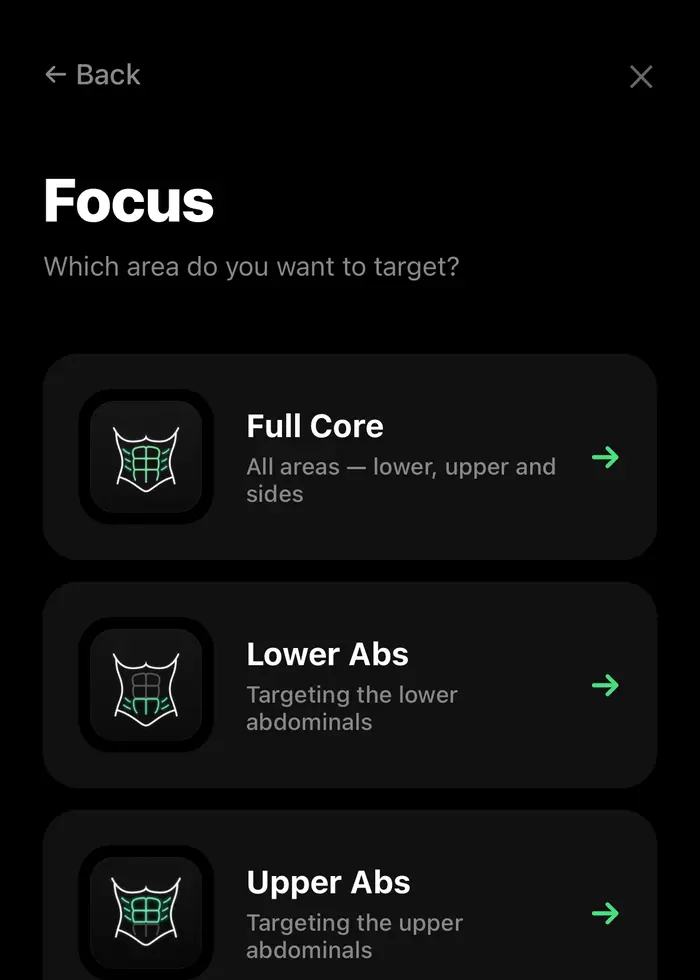 Focus selection screen with Full Core, Lower Abs, and Upper Abs options.