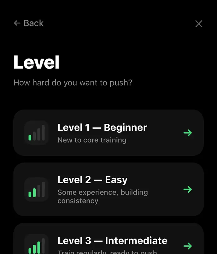Workout level selection screen with Beginner, Easy, and Intermediate options.