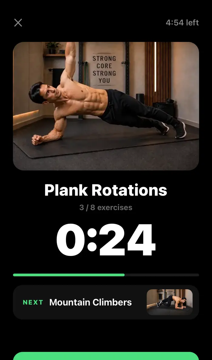 Active workout player showing an exercise visual, timer, progress, and next exercise.
