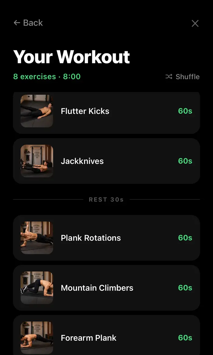 Generated eight-minute workout showing its exercise order and shuffle option.